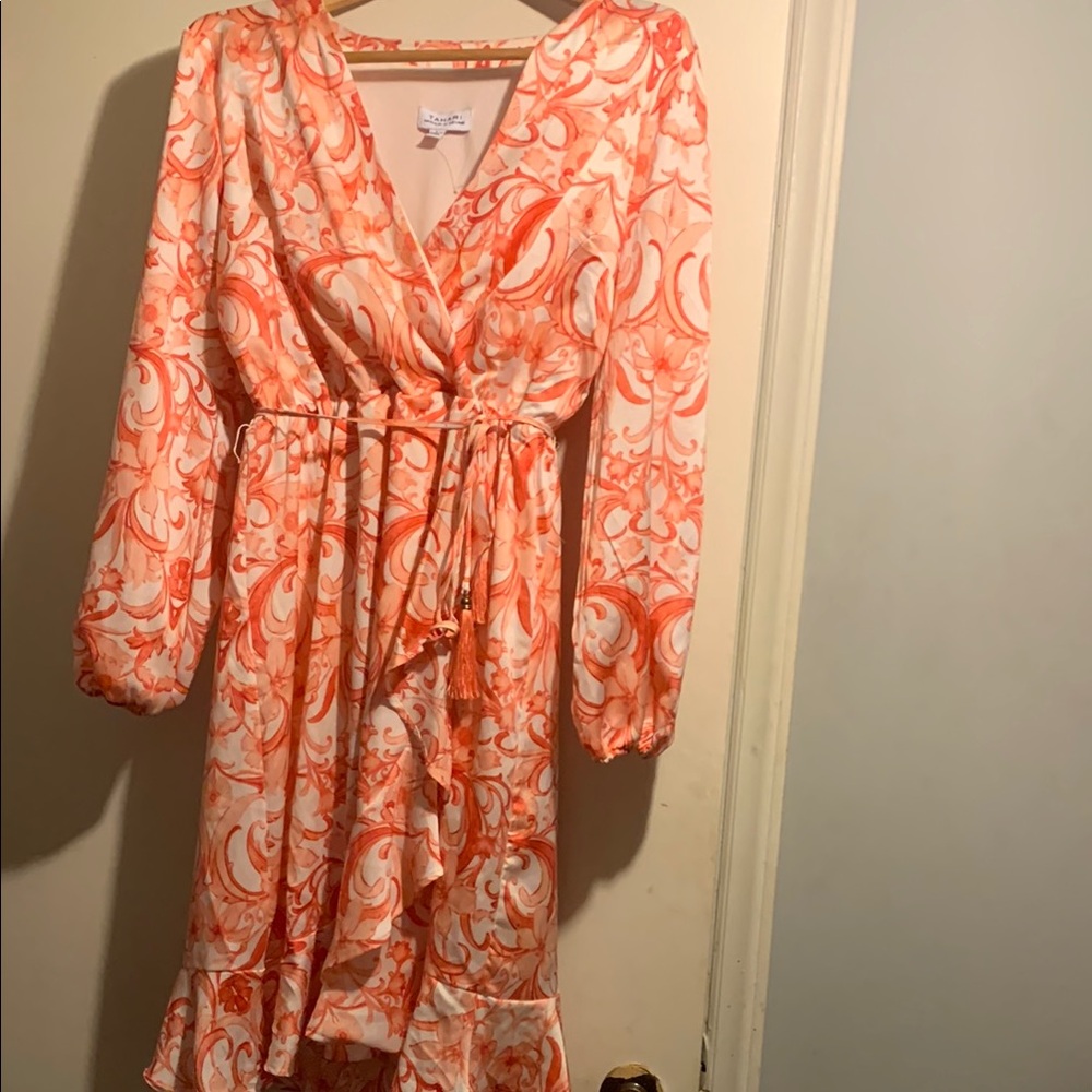 Fashion Nova Orange Wrap‎ Sundress with Bishop Sleeves